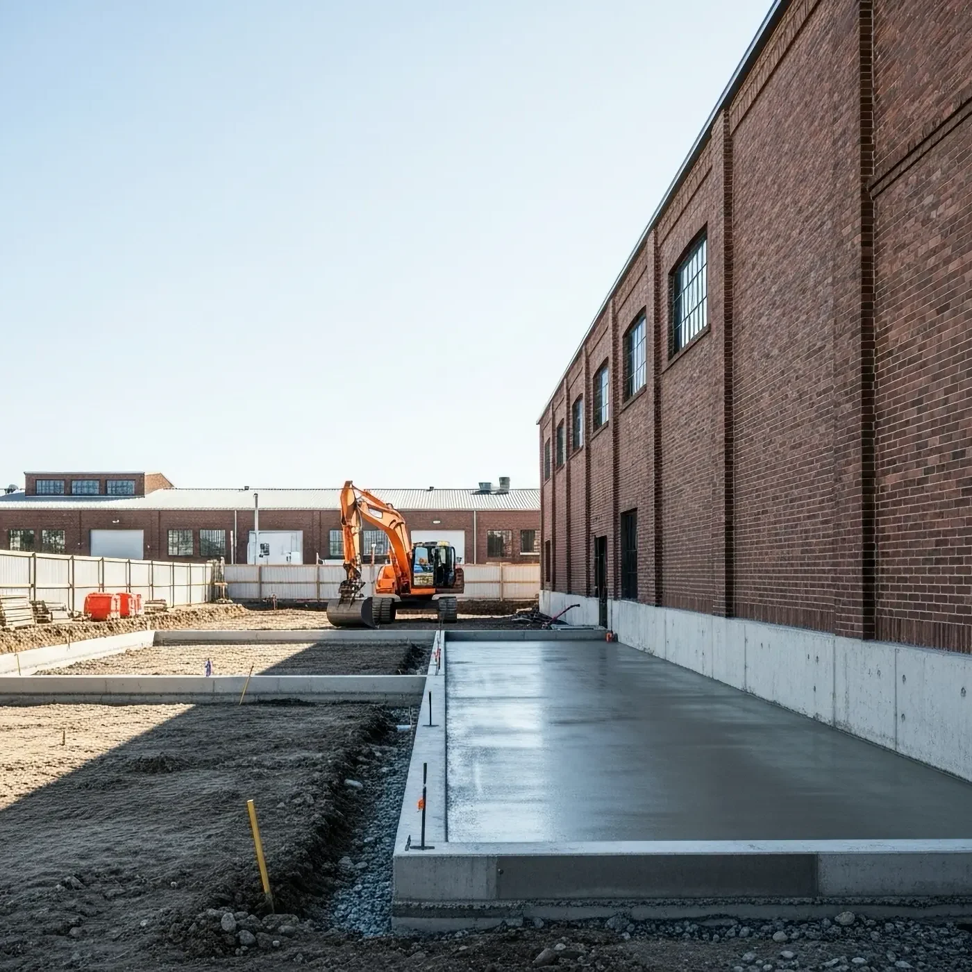 excavator working on a new foundation next to a brick building