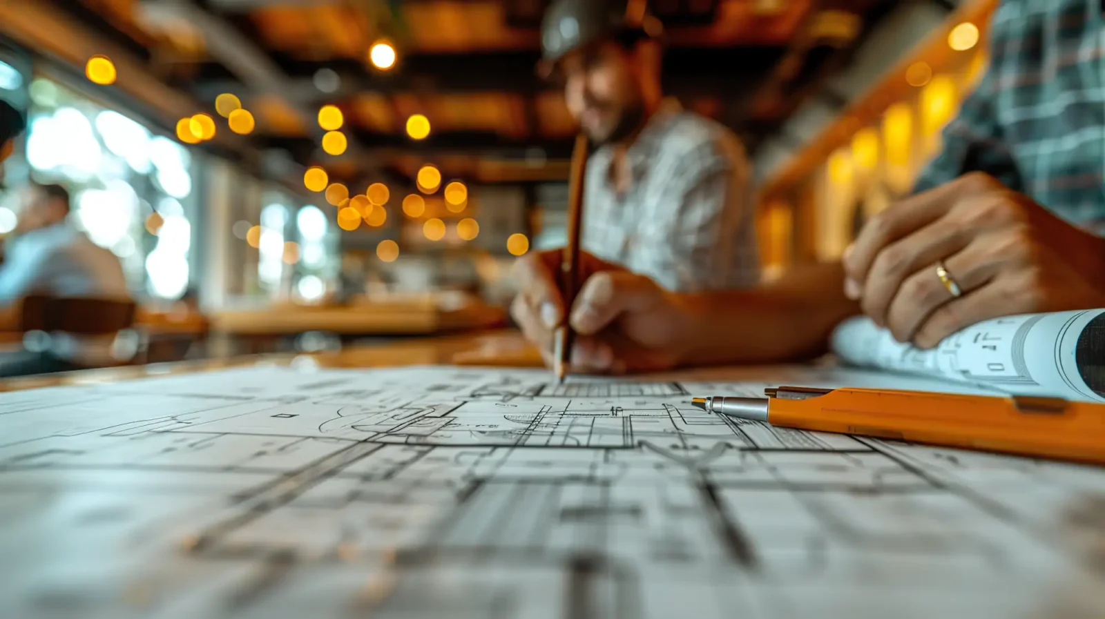 writing on blueprints onsite at an interior remodel
