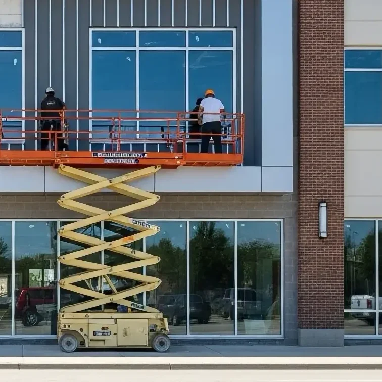 construction workers on lifts working on building exterior