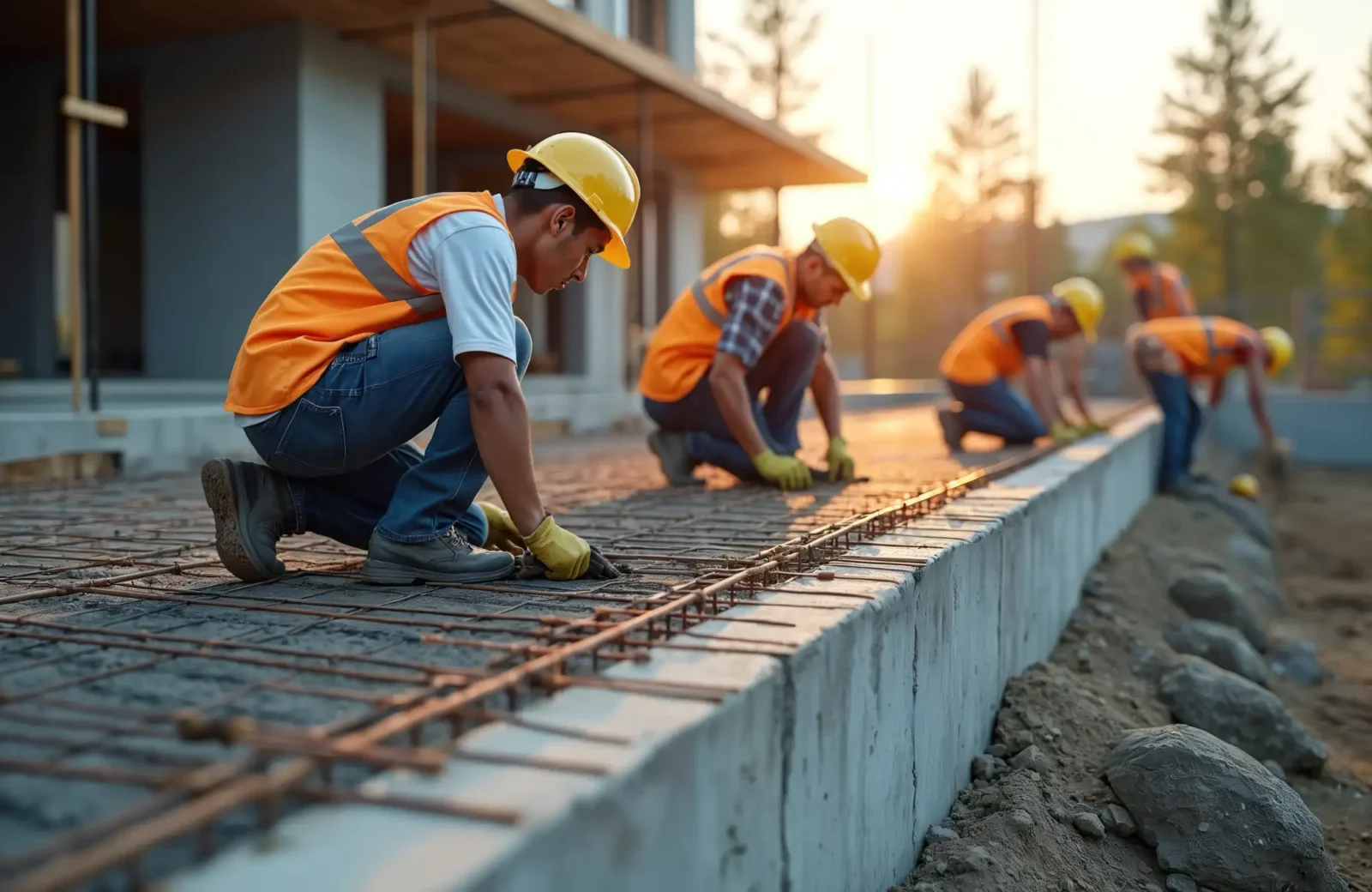 construction workers laying an extended foundation from a building