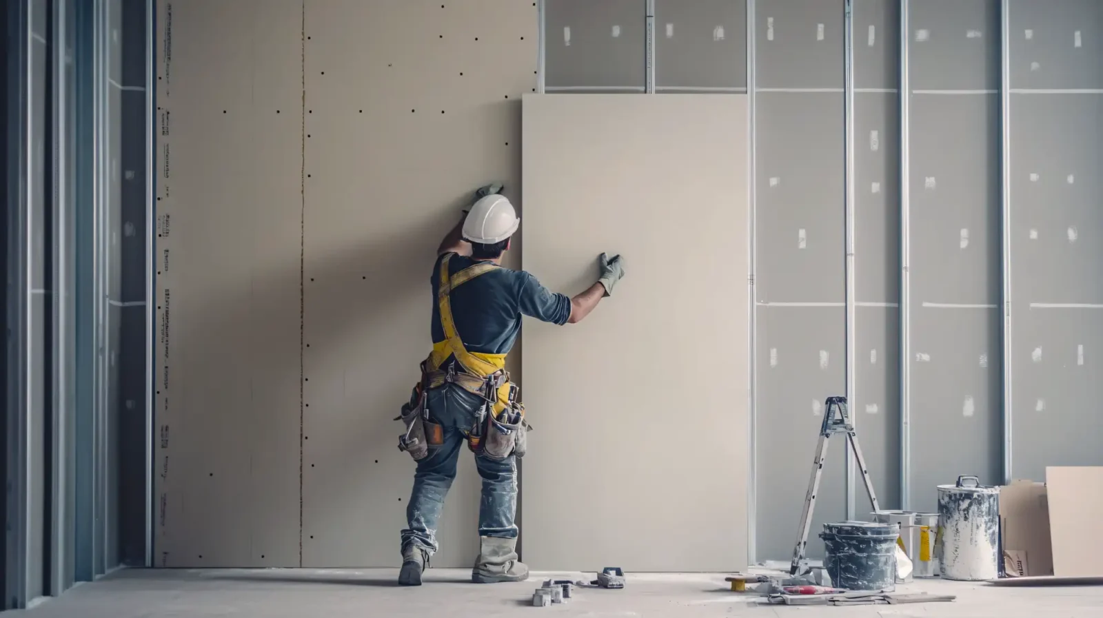 drywall installer hanging large sheets of drywall on a newly built room