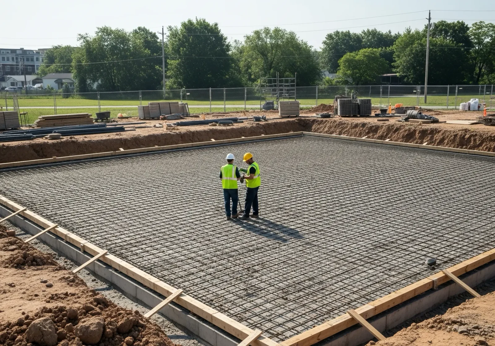 two construction workers in the middle of a rebar foundation
