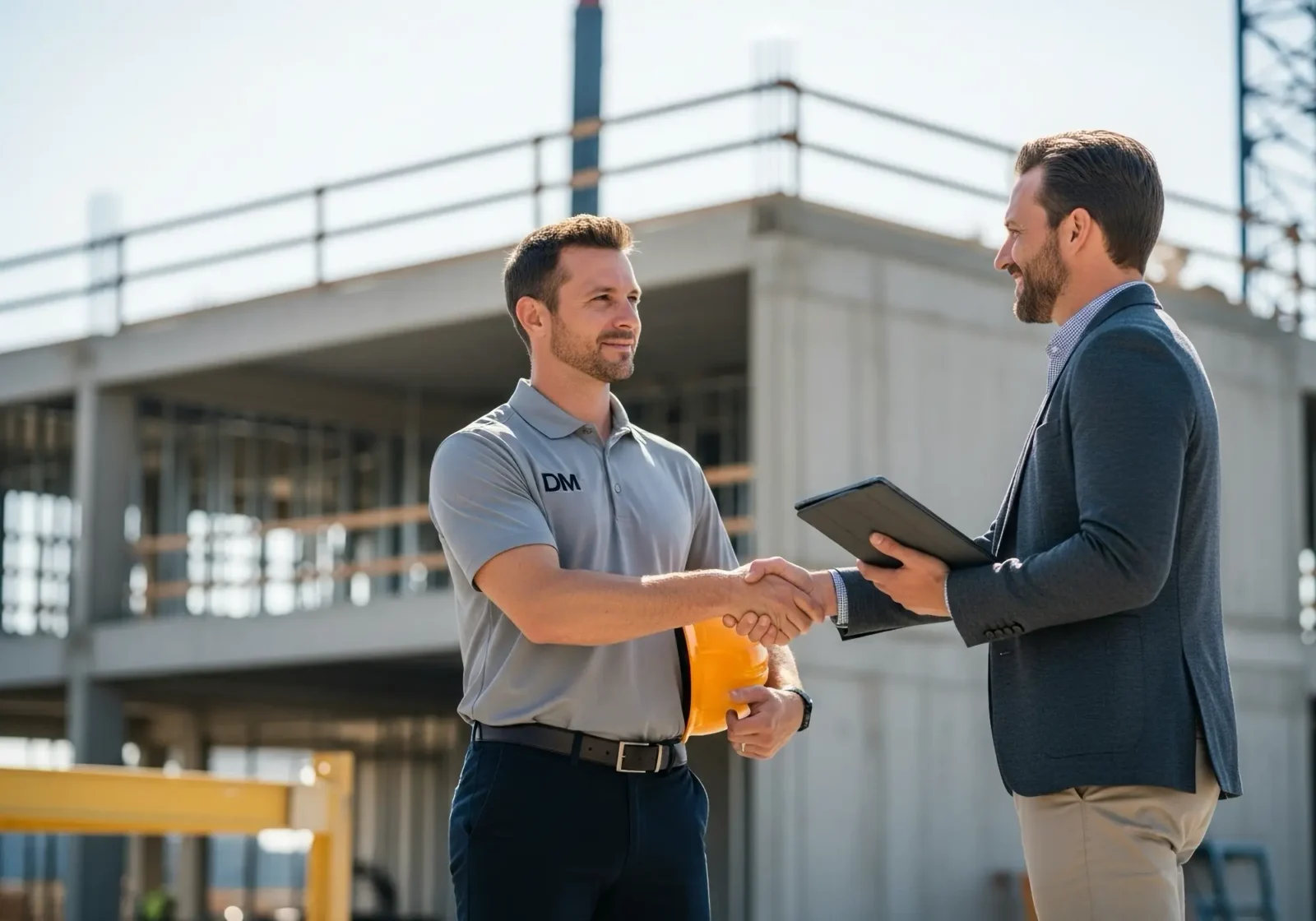 A DM Management employee shakes hand with a colleague on a job site.