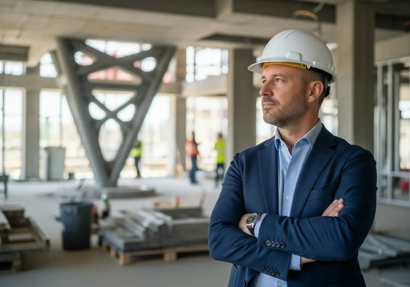 A job foreman wearing a suit and hard hat inspecting a restaurant under construction.