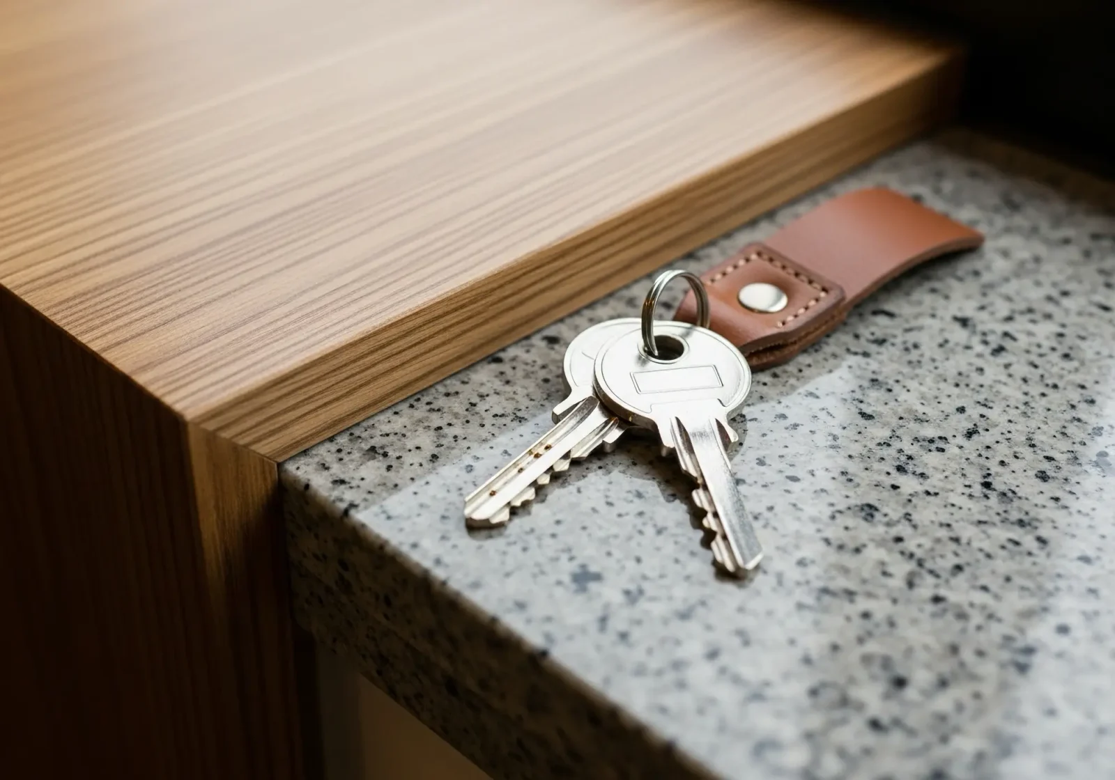 A pair of two keys sitting on a stone counter top.