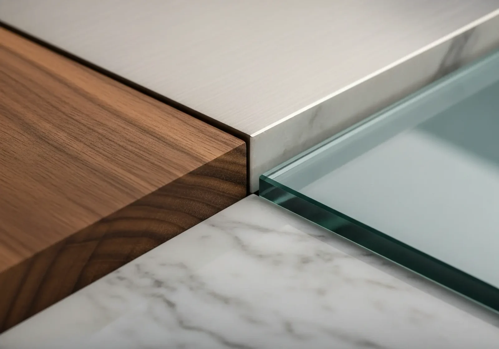 Close up shot of four different surface materials: wood, metal, stone, and glass.