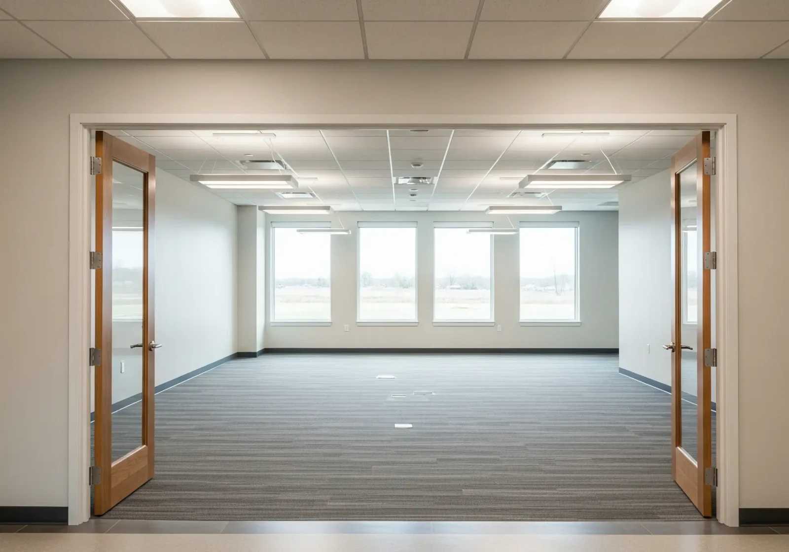 new, brightly lit office space with ample windows
