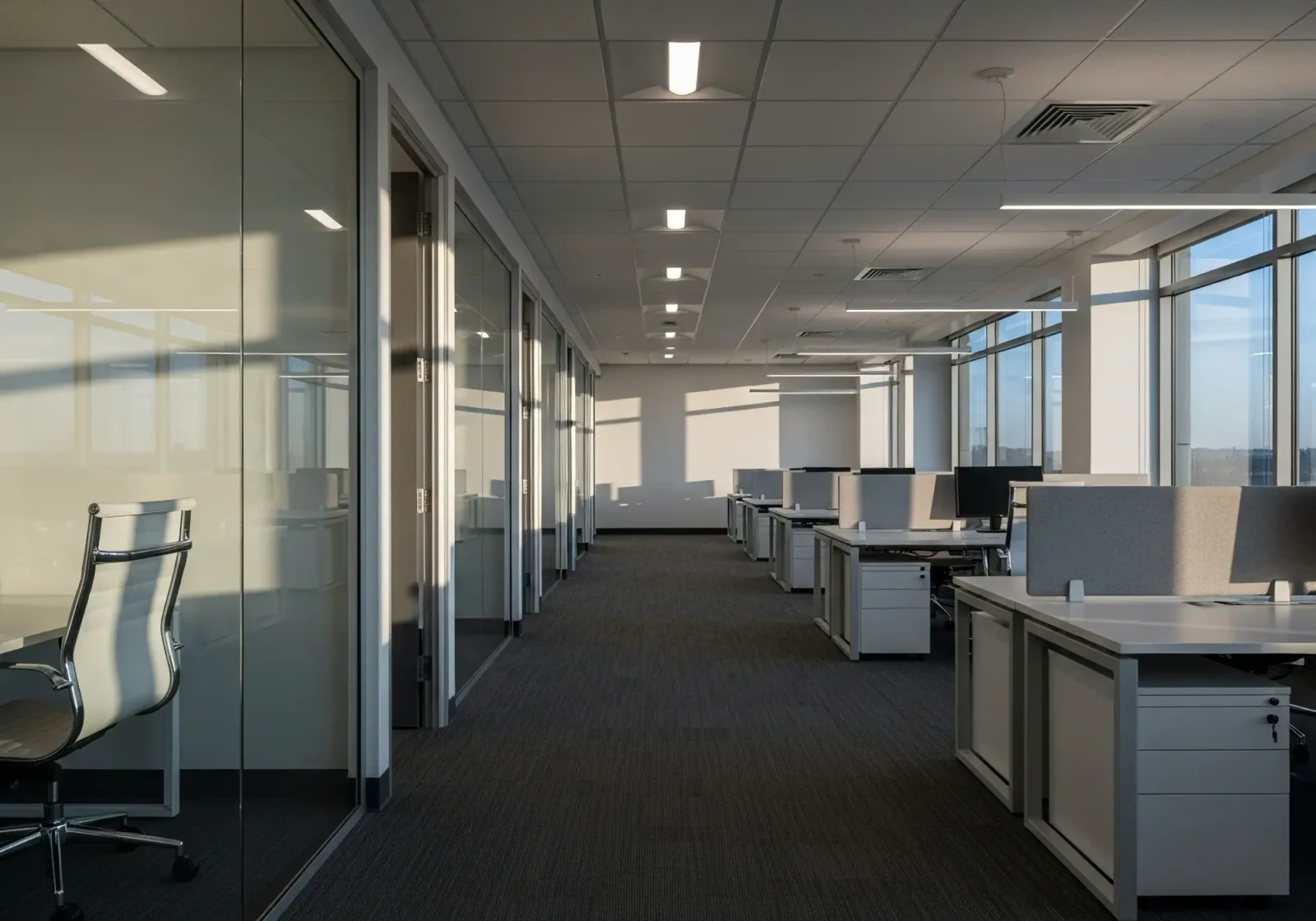 office interior with large windows on right side with desks along wall