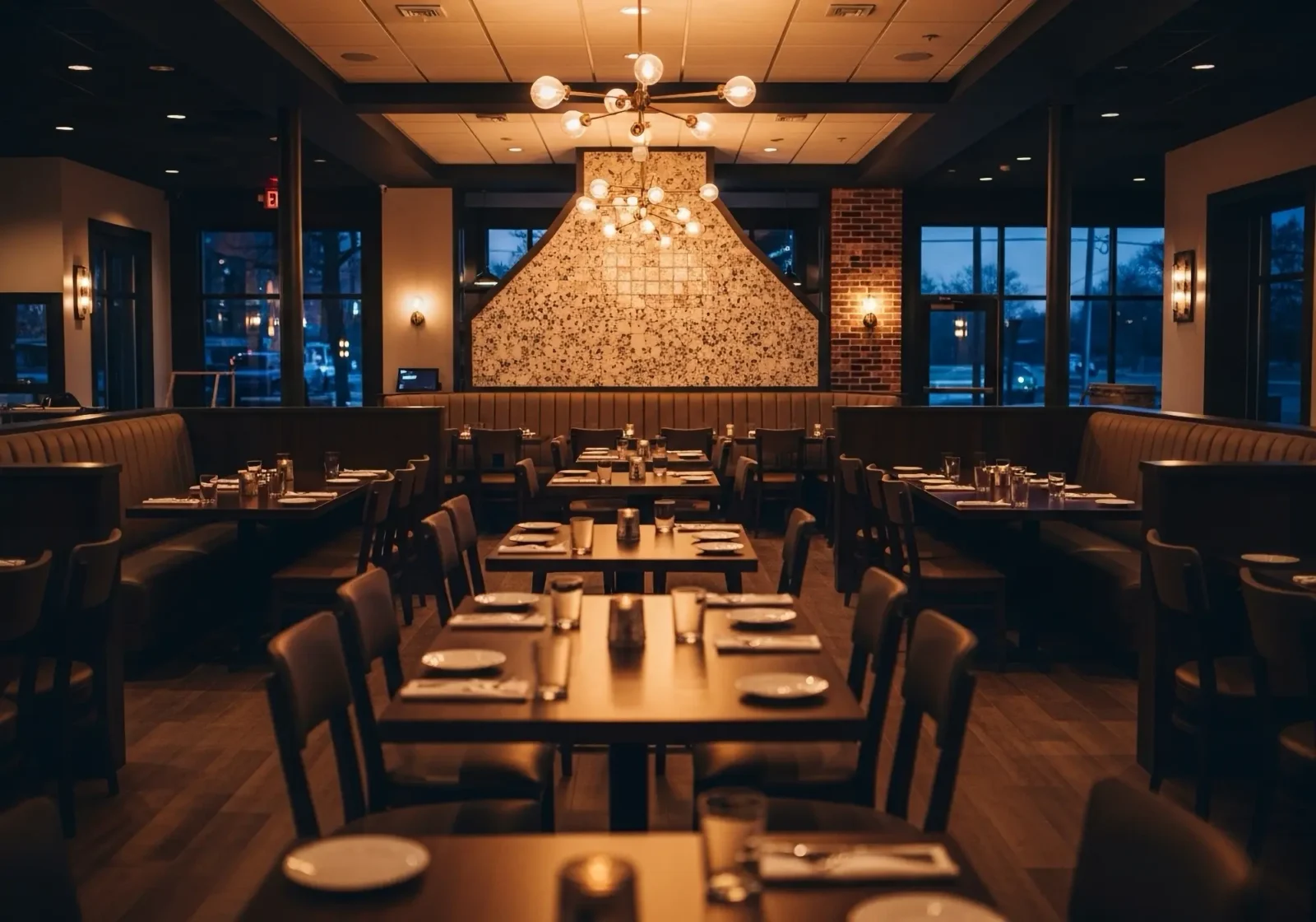 modern restaurant dining room with low light ambience