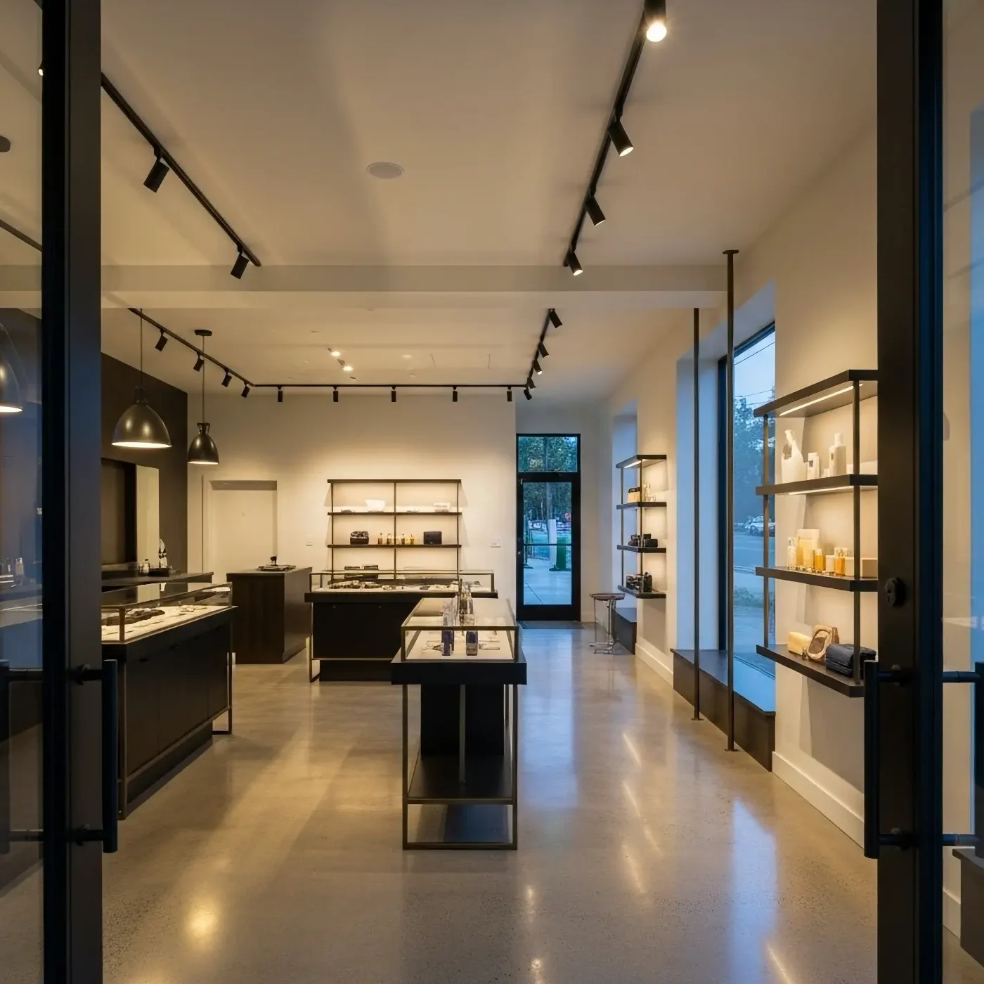 retail shop with display cases and shelves of purses and perfume