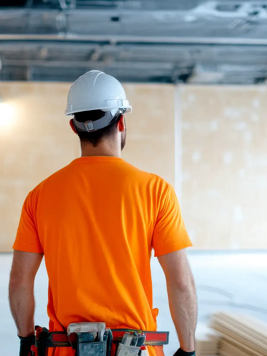 worker with construction helmet and tool belt in commercial interior space