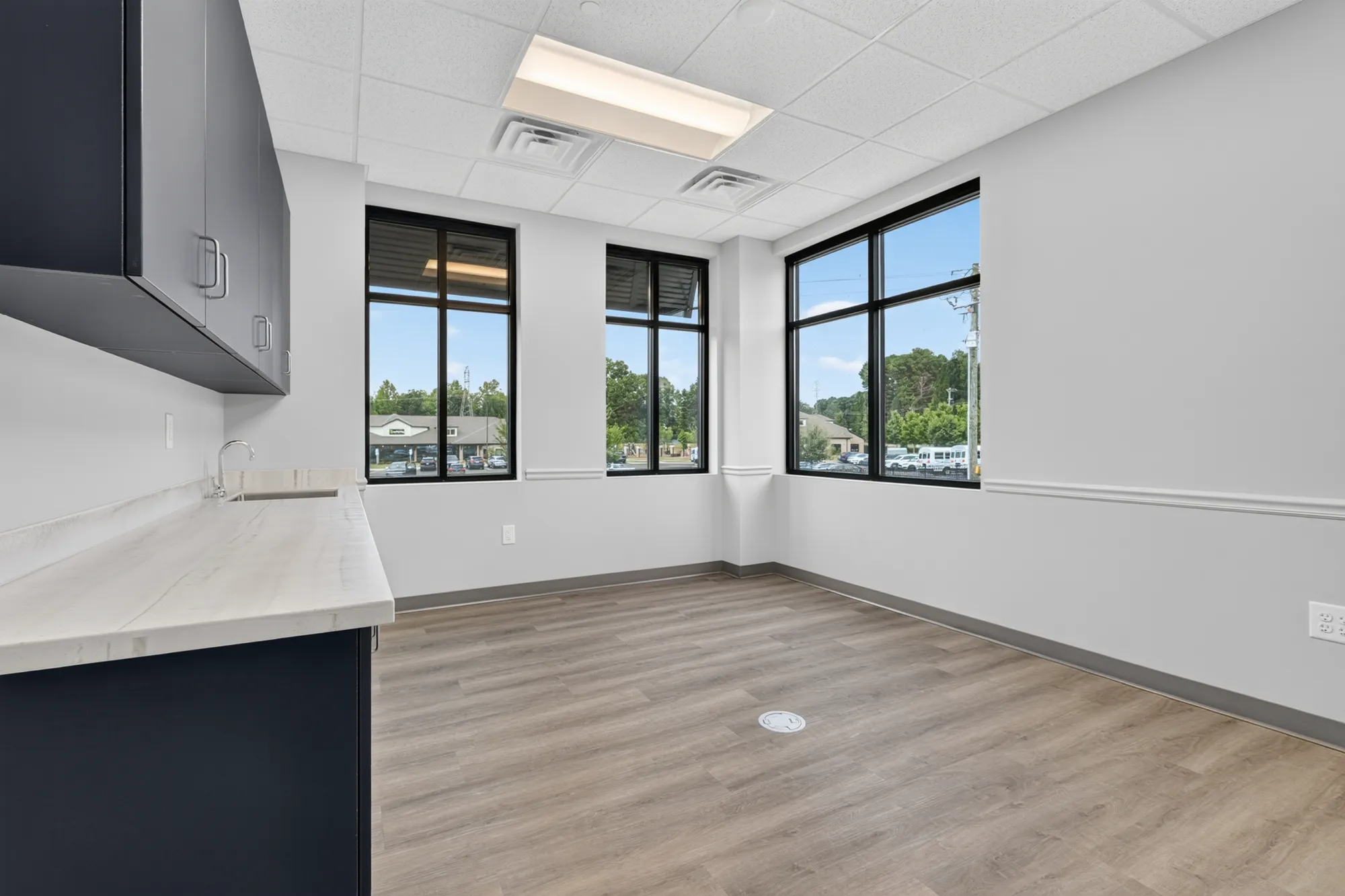 A newly finished commercial office room featuring dark cabinetry with a sink, white counters, three large black-framed windows, and light wood-look flooring.